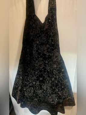 Vintage Backless Halter Black Floral Velvet Fit-and-Flare Dress